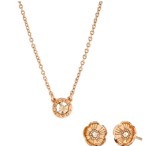 Coach Open Circle Necklace and Tea Rose Stud Earrings Set NWT - Picture 1 of 7